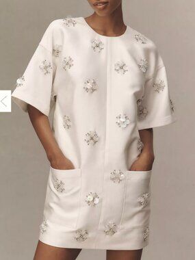 BHLDN Short-Sleeve Crew-Neck Beaded Mini Dress